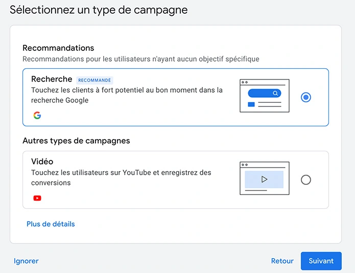 Ignorer la sélection du type de campagne sur Google Ads