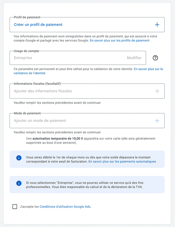 Créer un profil de paiement sur Google Ads