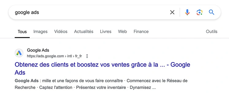 Premier résultat de recherche Google Ads